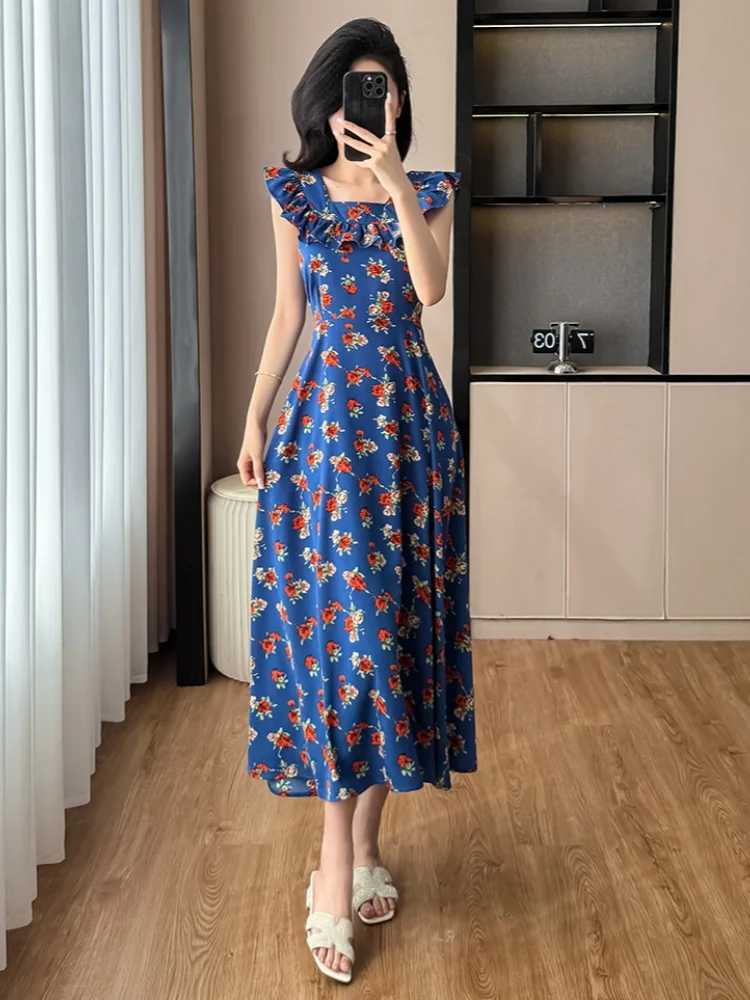 SMTHMA 2025 New Fashion Blue Floral French Square Neck Summer Dresses Women's Slimming Waist A-line Big Swing Long Dress