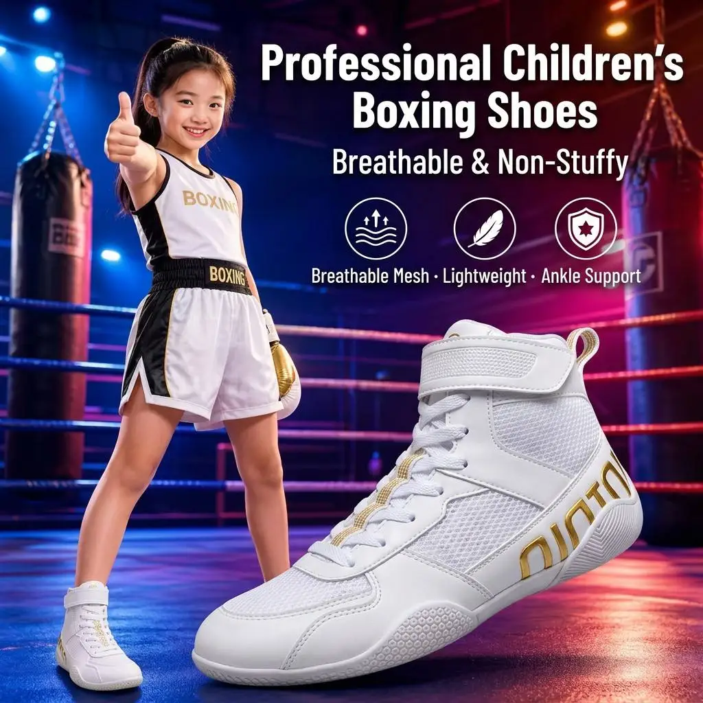 Youth Combat Wrestling Boots Kids Breathable High Top Boxing Sanda Shoes Men Women Gym Weightlifting Training Sneakers