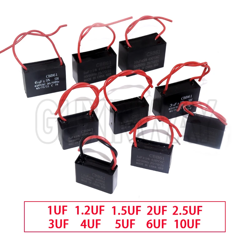 CBB61 Fan Capacitor 450V 1UF 1.2UF 1.5UF 2UF 2.5UF 3UF 4UF 5UF 6UF10UF Ceiling Fan Motor Run Rectangle Capacitor CBB61