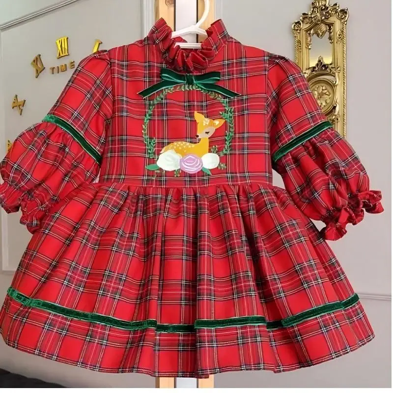 

0-12Y Baby Girl Autumn Deer Embroidery Green Plaid Vintage Princess Red Dress for Birthday Photography Holiday Eid ChristmasC189