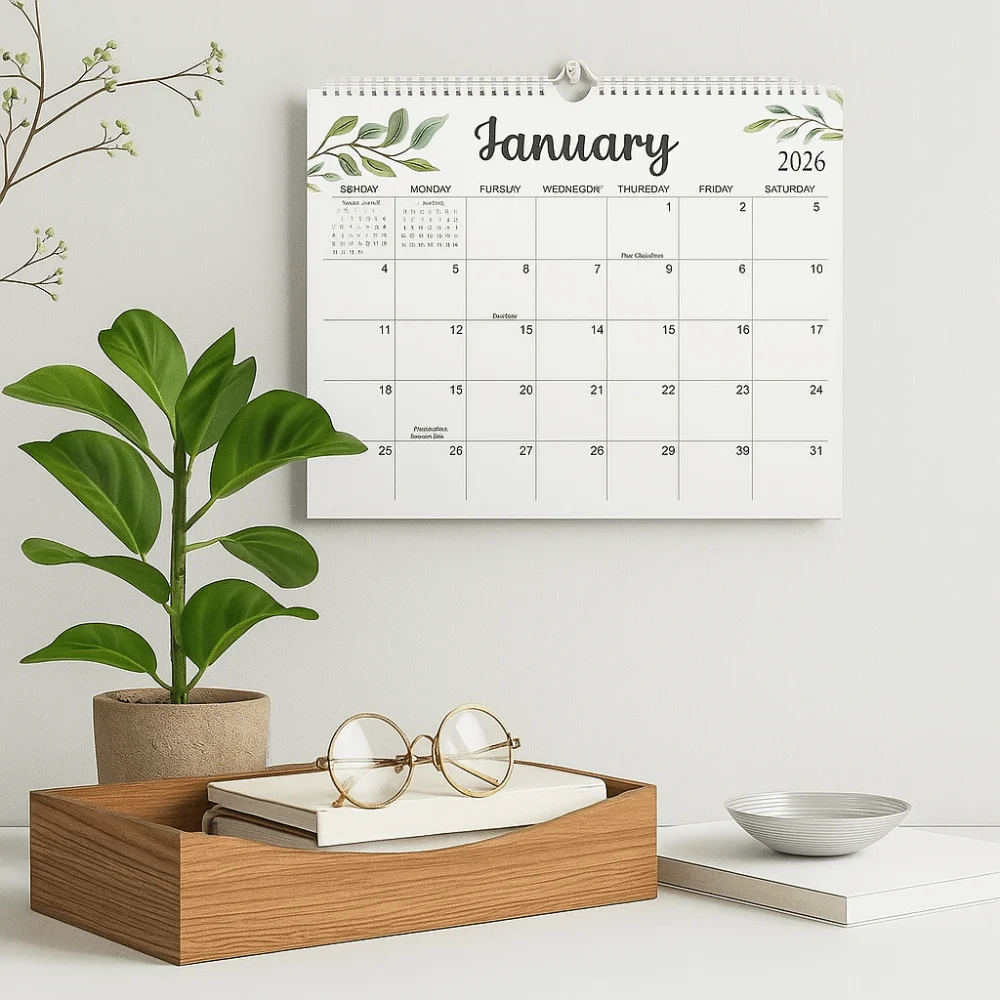 

18 Months Leaf Pattern Calendar Coil Binding Portable INS Coil Calendar Minimalist Square Wall Calendar School Supplies