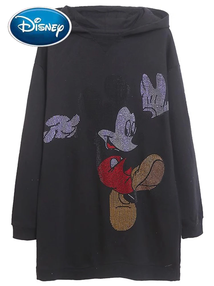 Disney Sweatshirt Mickey Mouse Cartoon Print Diamonds Fashion Women Fleece Long Sleeve Hooded Jumper Tops Black Streetwear Femme