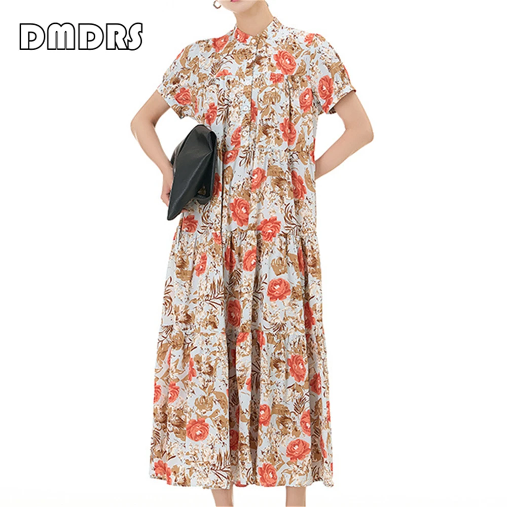 

Oversize Floral Printed Women Dresses With Short Sleeves Pink Spring Summer Women's Skirt Soft Comfortable Outfit