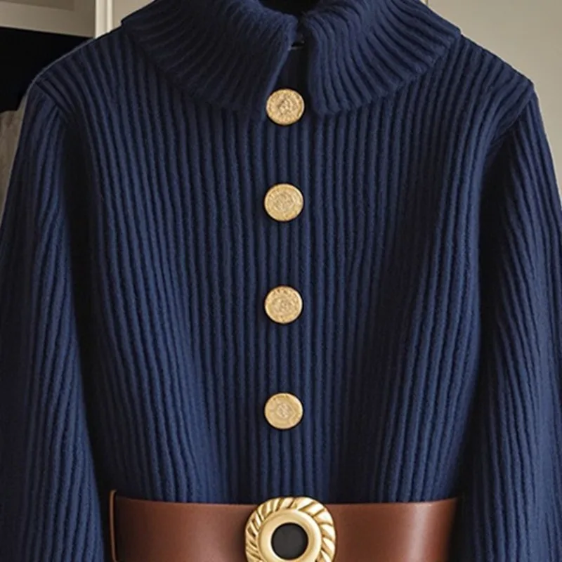 

2025 Women Korean Chic Lazy Wind Unique Chic Beautiful Top Winter Female High Sense Super Good-looking Navy Blue Knitted Sweater
