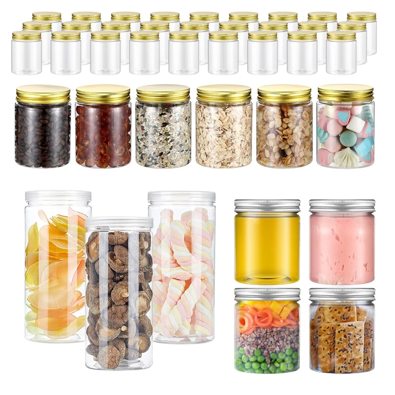10Pcs 150-580ml Clear Straight Cylinders Jar Refillable Plastic Jars W/ Aluminum Lids Containers for Dry cargo Candy Jams Store