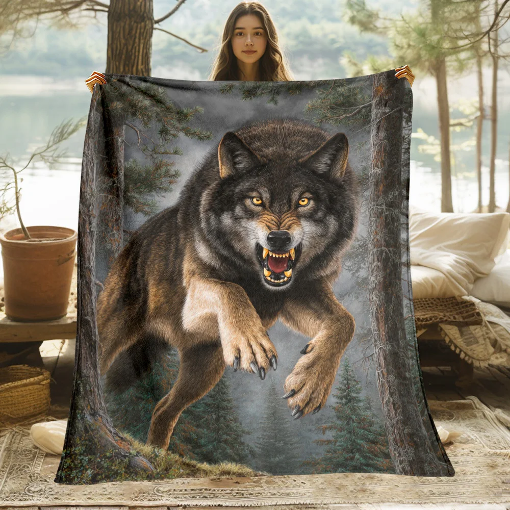 Wolf leaping forward pattern Flannel printed blanket suitable for all seasons suitable for living room office sofa and travel