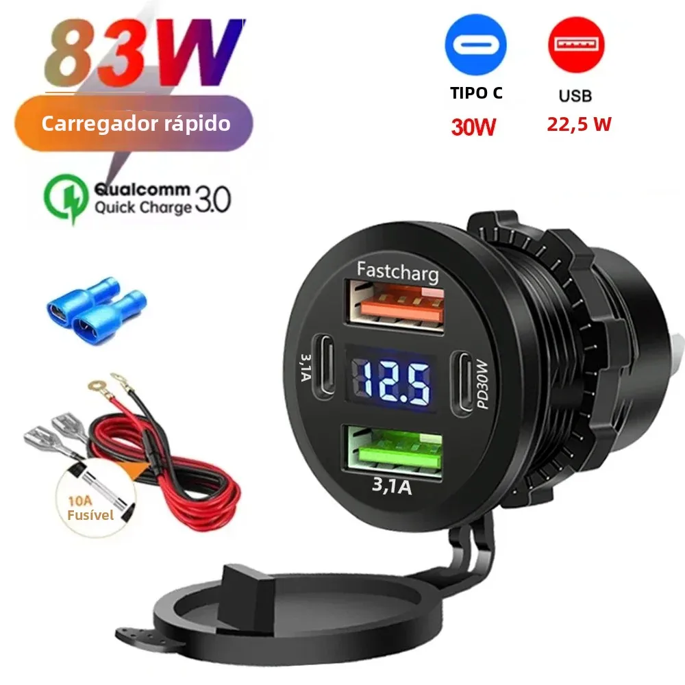 Novo 83w duplo pd duplo qc 3.0 usb carregador de carro com voltímetro tomada adaptador à prova dwaterproof água para 12v/24v carro barco venda quente