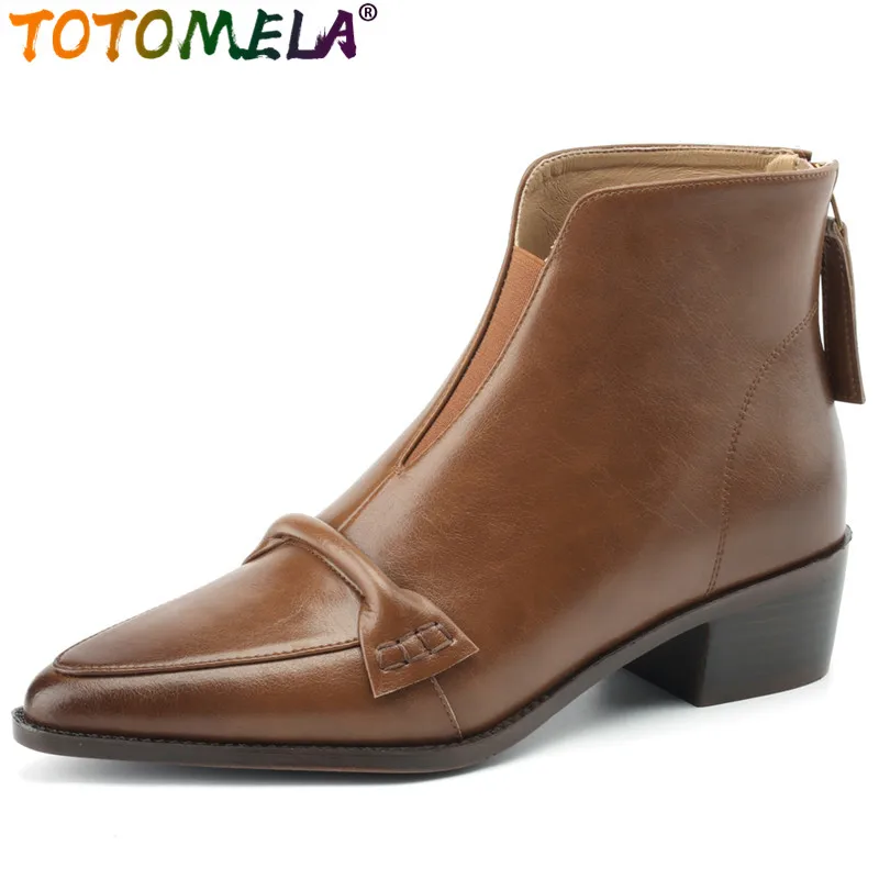 

TOTOMELA 2024 New Pointed Toe Female Zipper Ankle Boots Square Med Heels Shoes Genuine Leather Winter Boots For Women