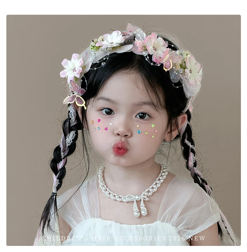2026 Neues Fairycore Coquette Prinzessinnen-Blumen-Schmetterling-Stirnband Rosa Tüll-Spitze Schleife Strass-Haarband für Mädchen Kleinkinder Kinder – Detail 4