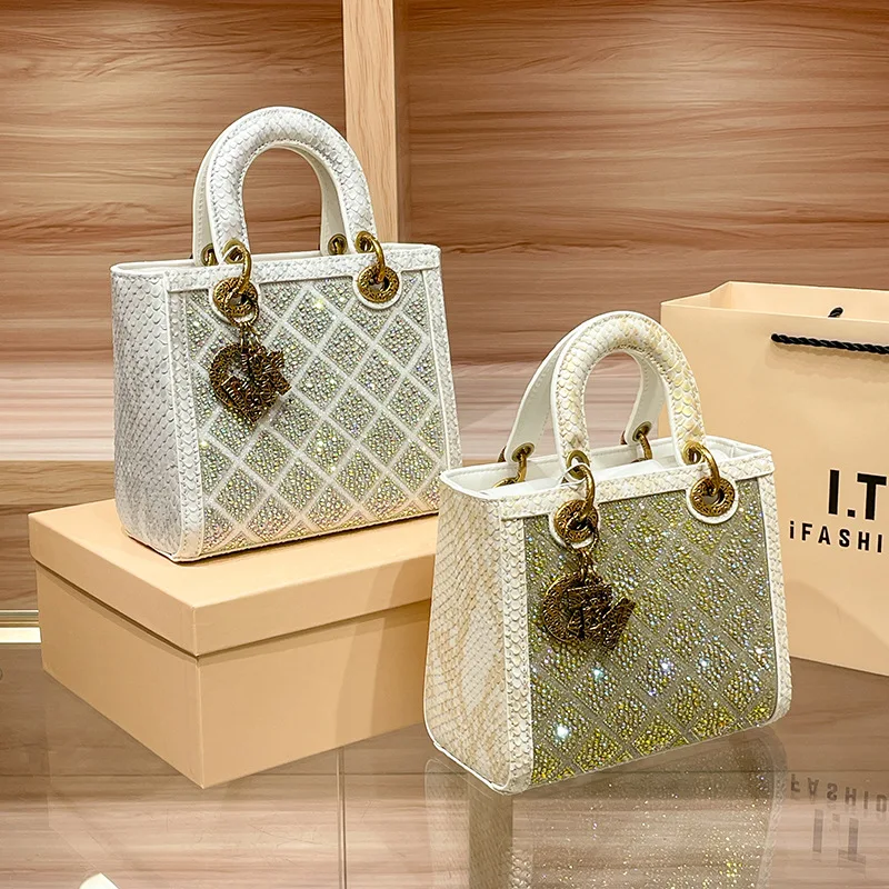 VM FASHION KISS Split Leather Water Diamond Portable Small Square Bag Banquet Shoulder Crossbody Women\'s Designer Luxury Bag