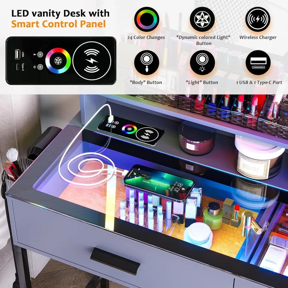 Dressing table with automatic sensor RGB light and wireless/USB/C-type charging glass top dressing table,with chairs and6drawers