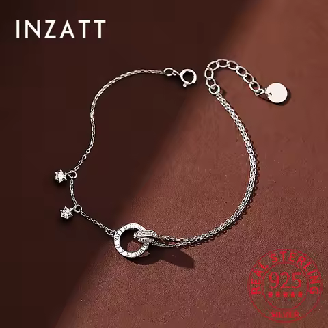 INZATT Real 925 Sterling Silver Zircon Star Double Ring Chain Bracelet for Women Classic Fine Jewelry Minimalist Accessories