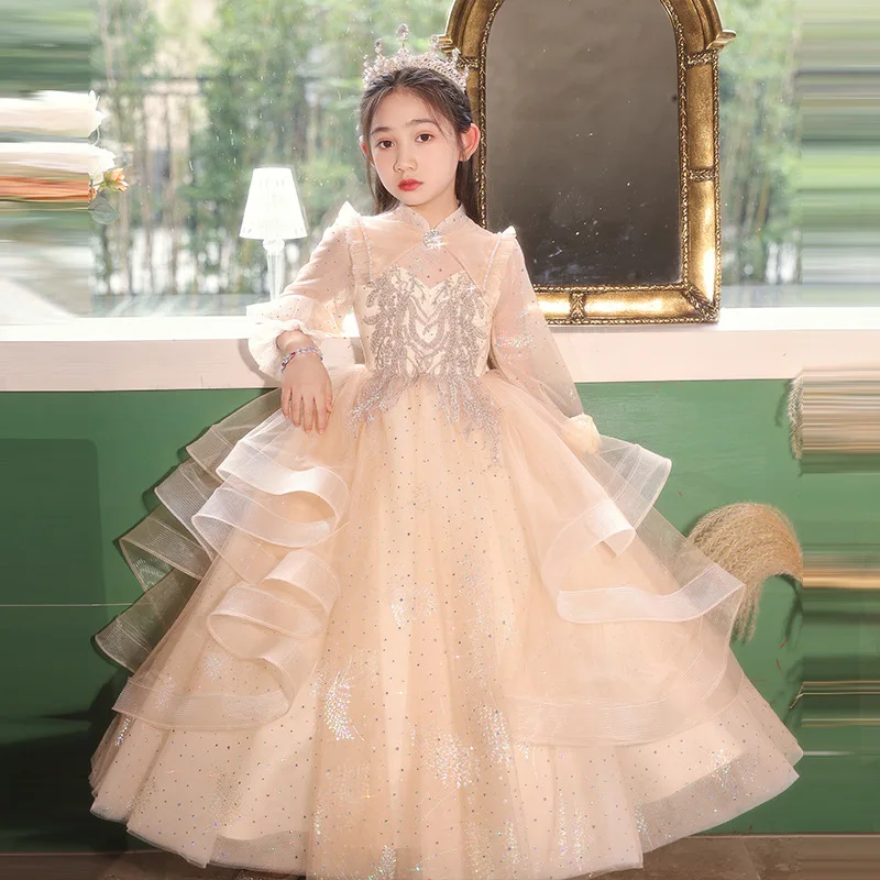 Children's Dresse Champagne flower kids Sequin Perspective Sexy Long Dress wedding Ball Birthday party Girl Bridesmaid Dress