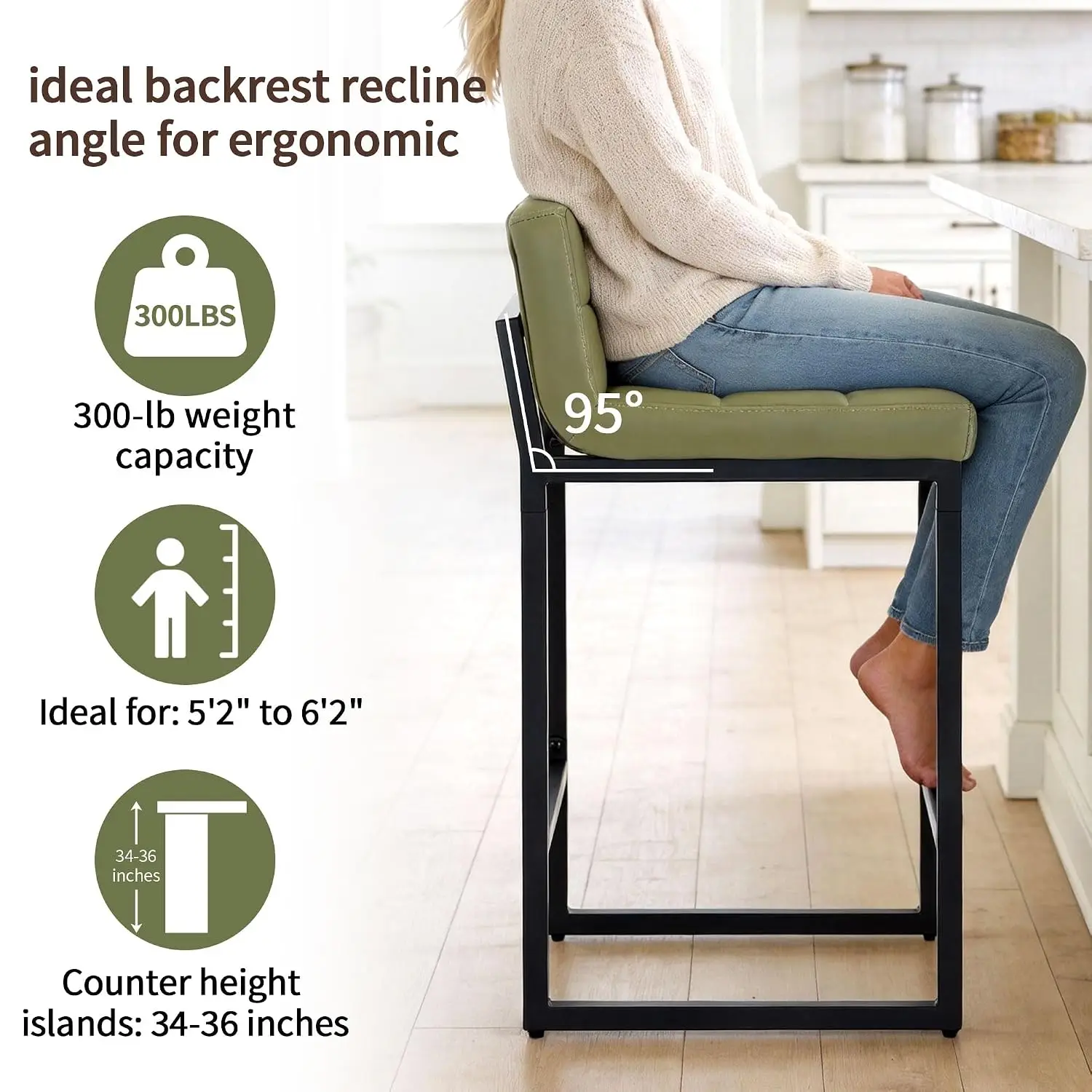 Modern Counter Bar Stools Set 4 with Back & Thickened Metal Legs Armless Kitchen Island Chair 26