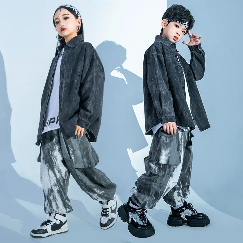 Blouse Boys Street Dance Cargo Joggers Jazz Clothes Sets Kids Streetwear Hip Hop Girls Black Graffiti Shirt Denim Pants