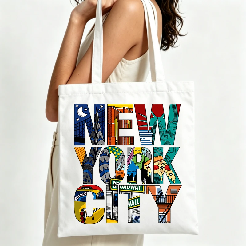 New York cityscape typography print canvas tote bag, urban style for daily shopping and casual outings