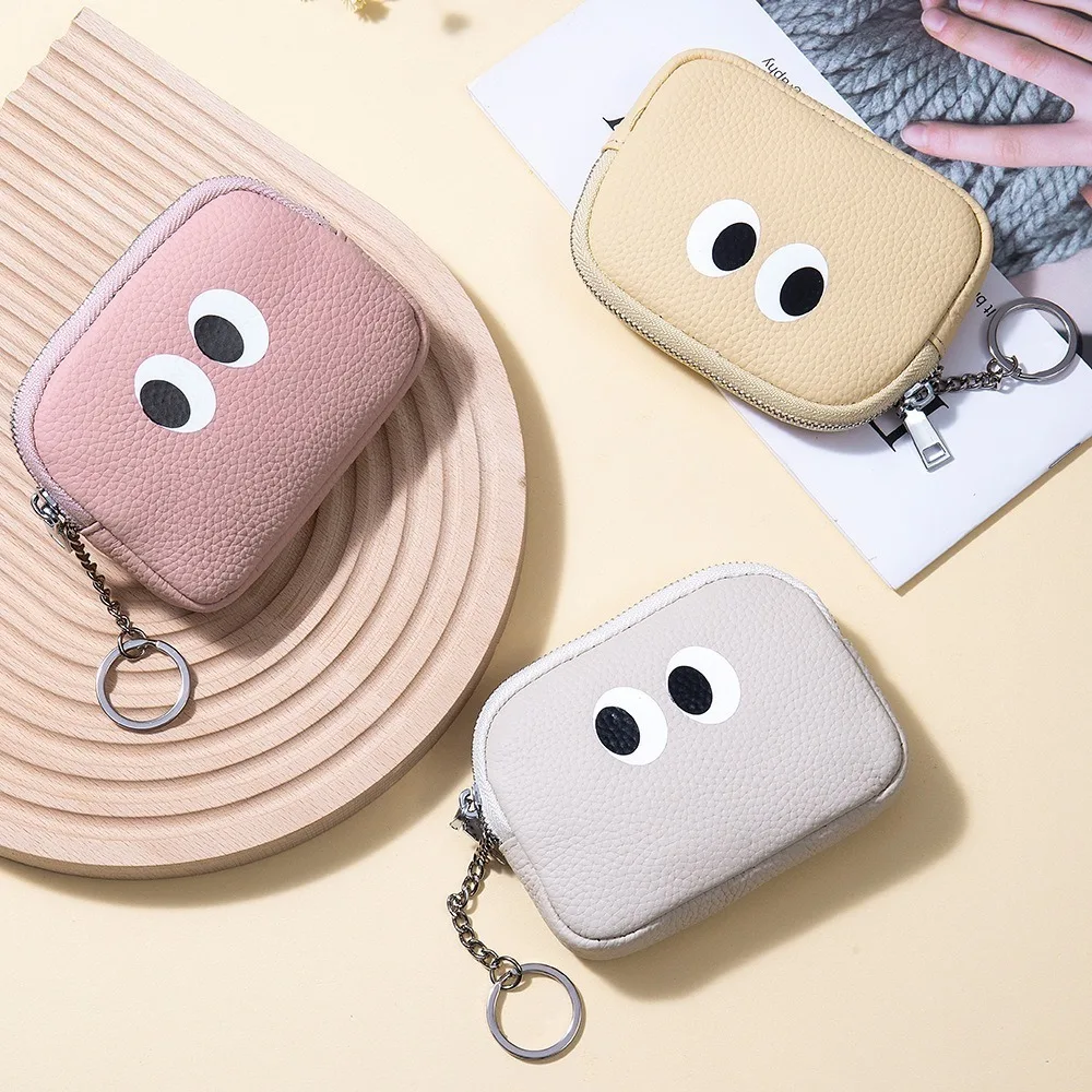 Portable Genuine Leather Wallet Bag Cute Cartoon Zipper Hand Coin Purse Multicolor Lipstick Earphone Pouch