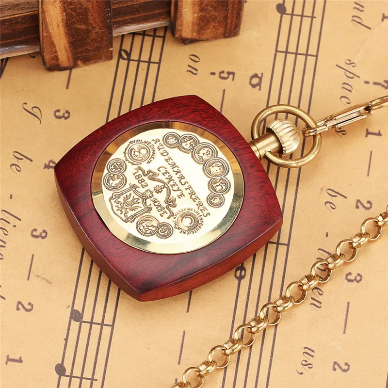 Relógio de bolso mecânico automático, Classical Square Case, Red Sandalwood, Open Face, Relógio Número Romano com Corrente, Homens e Mulheres