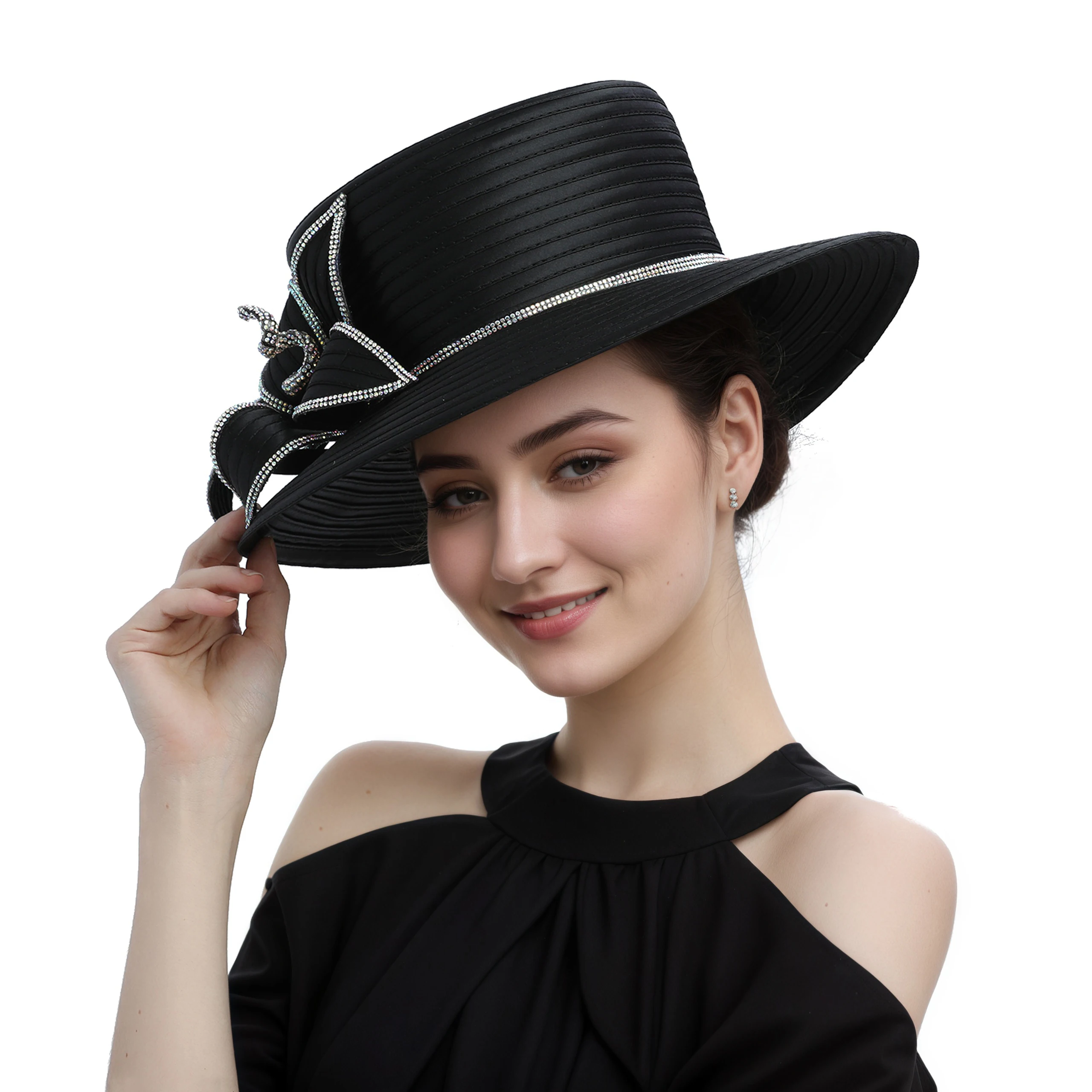 Premium Fancy Black Satin Cloth Church Hat Formal Photography Hats Chains Fashion Flower Wedding Top Hat for Women Ladies Girls