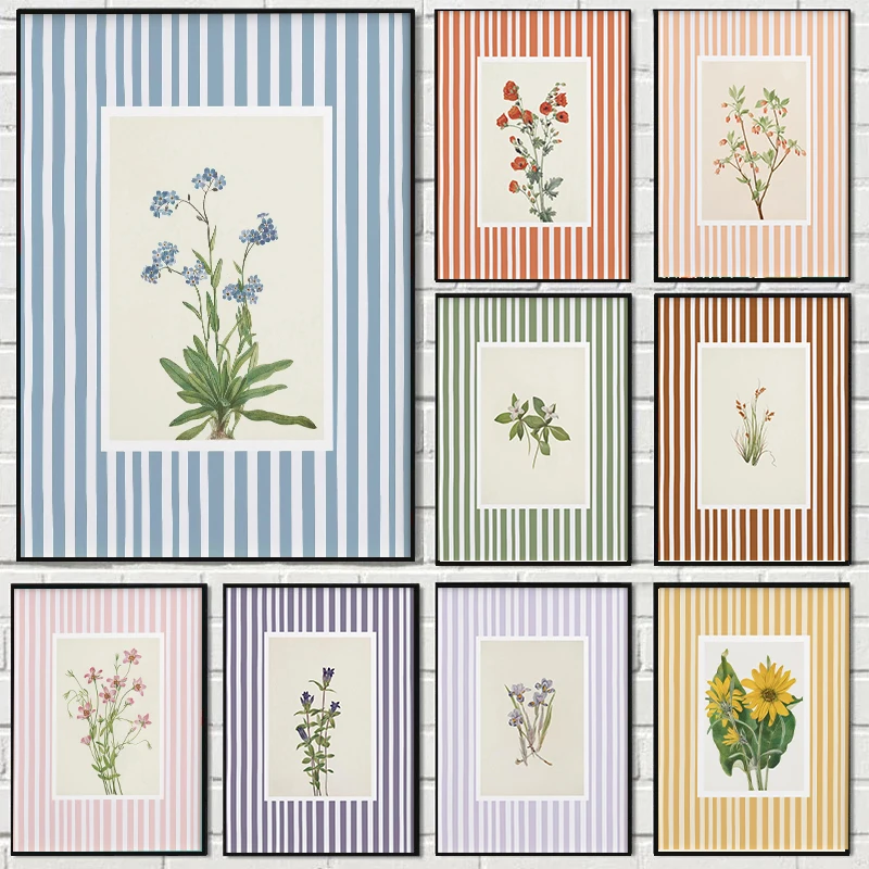 Blue Lily of The Valley Plant Striped Canvas Print Sunflower Pomegranate Garden Wall Art Poster Modern Living Room Home Decor