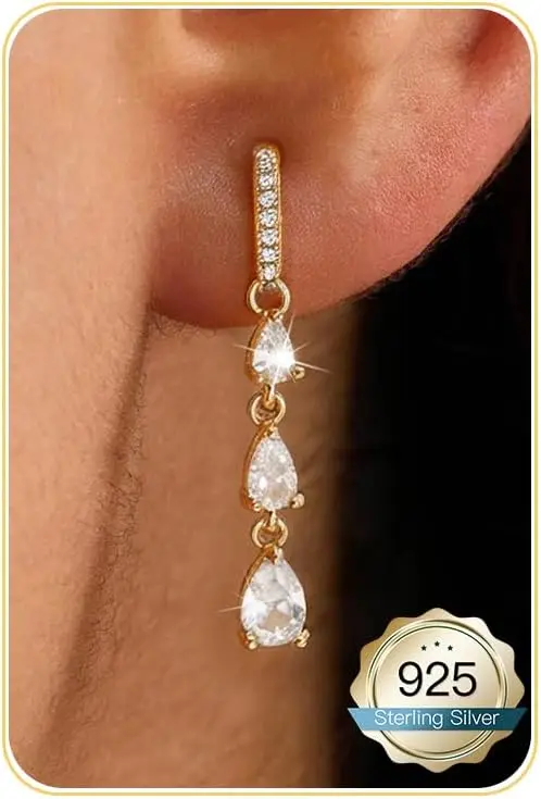 

Elegant Dangle Earrings for Women, 14K Gold Plated & Silver Drop with Cubic Zirconia and Pearl