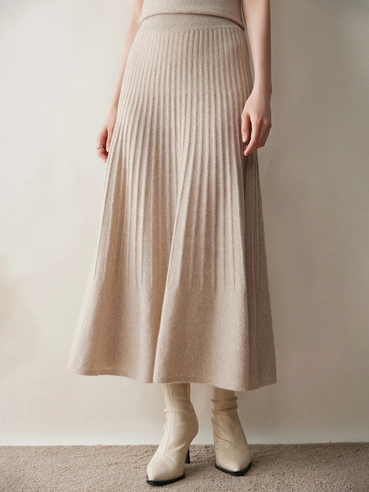 Autumn Winter High Quality Women's A-line Umbrella Skirt Chic Female Grace Soft Simple Style 100% Cashmere Knitted Skirt New