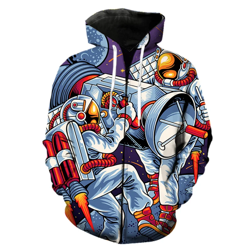 Retro Cartoon 3d Print astronauta bluza z kapturem na zamek mężczyzn Harajuku casualowe bluzy z kapturem fajne w stylu Streetwear bluzy z długim rękawem