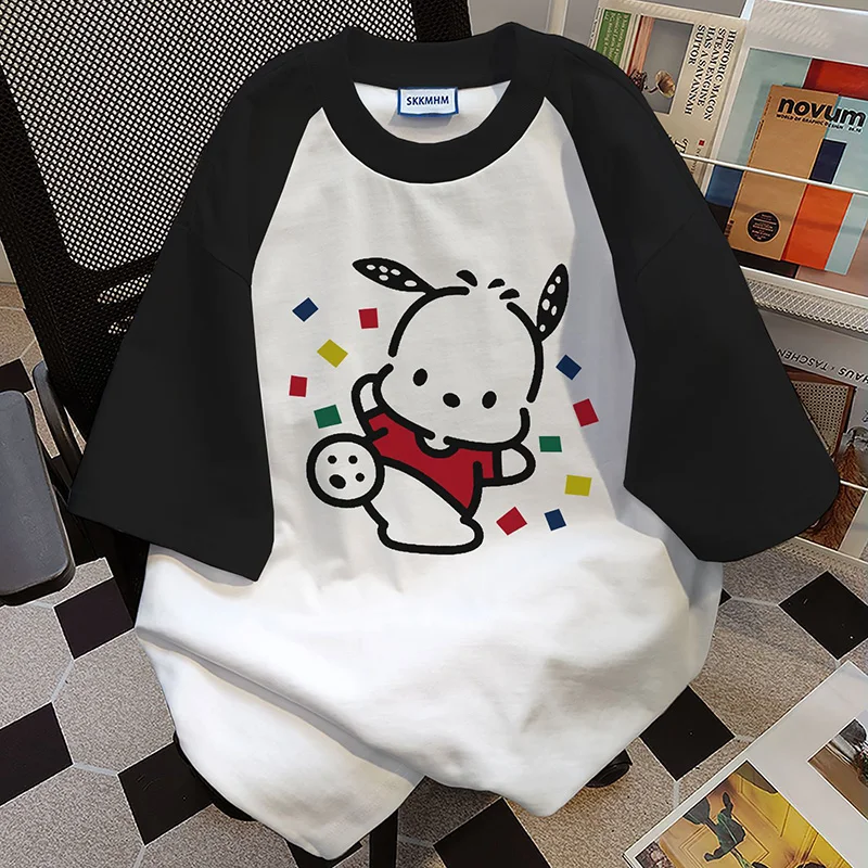 2024 New Sanrio Pochacco Cute Cartoon Tshirt Kawaii Fashion Spliced Raglan Summer Cotton Anime Couple Short Sleeve Top Girl Gift