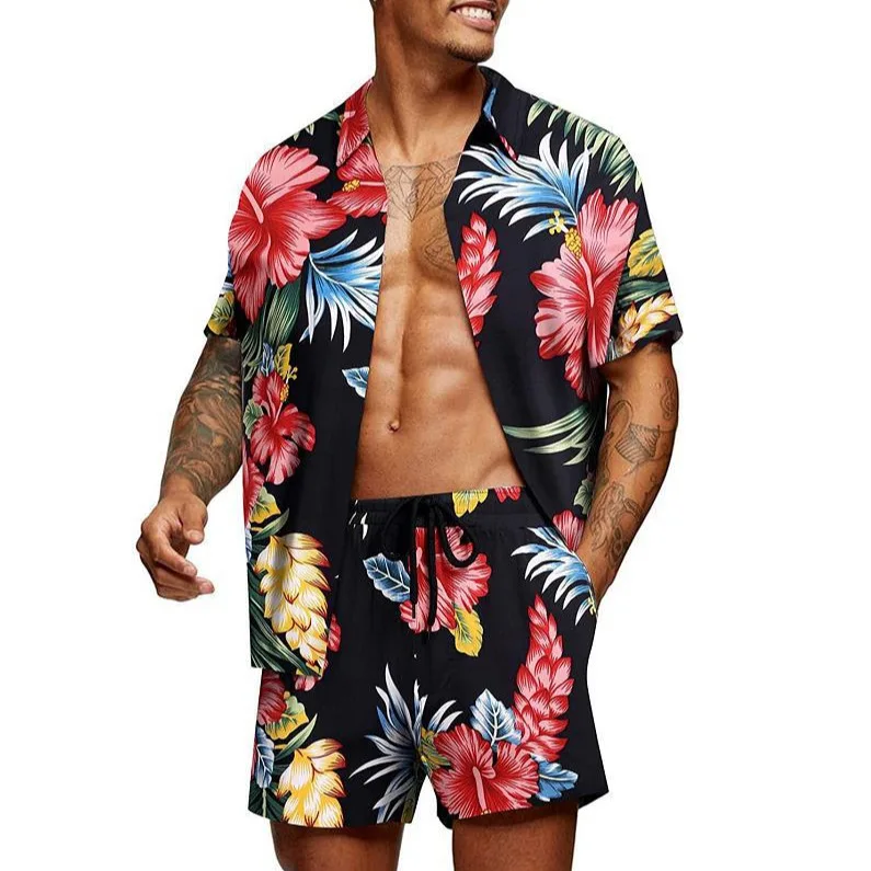 Summer men's new short-sleeved shirt shorts beach pants suit loose casual fashion