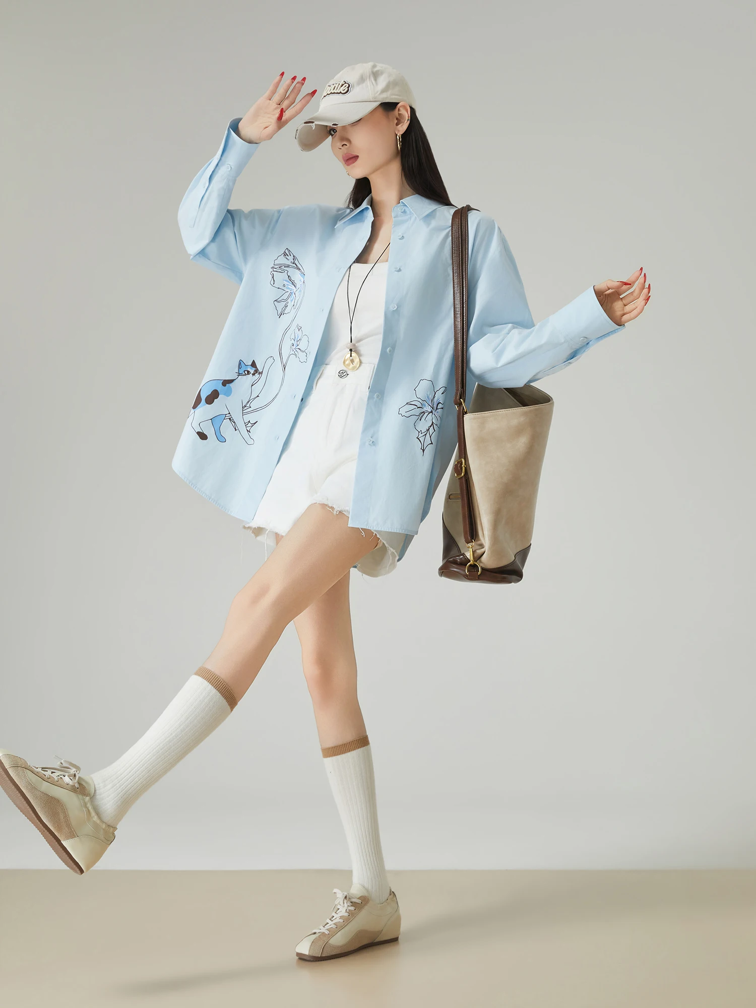 

Blue Floral Print irt Women's Spring Summer New Sle Korean Loose Fit Long Sve Cardigan Outerwear Layering Versatile Coat