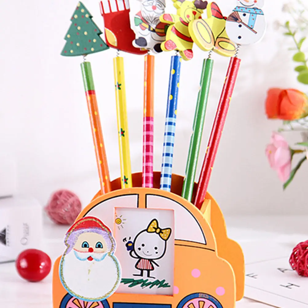24Pcs Creative Wooden Cartoon Pencils Unique Design Easy Sharpening School Supplies Art Projects Christmas Gifts