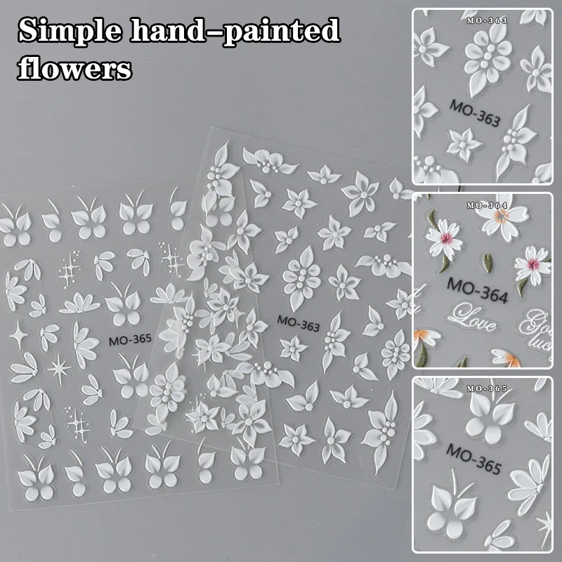 Relief Semi Transparent Flower Nail Sticker Cute Hand Drawn Flower Nail Art Stickers White 3D Petal Back Adhesive Nail Sticker