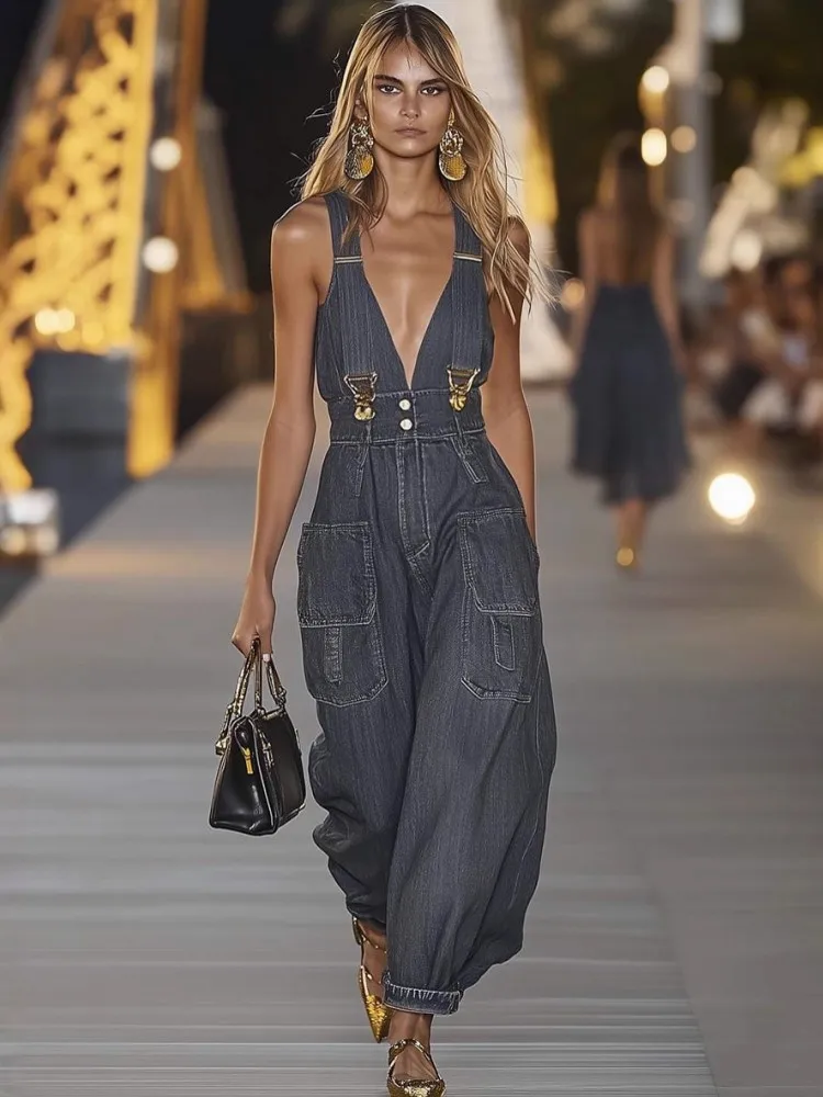 Однотонные женские комбинезоны на осень-зиму без рукавов, одинарные джинсовые свободные модные уличные комбинезоны, джинсы, брюки 2025