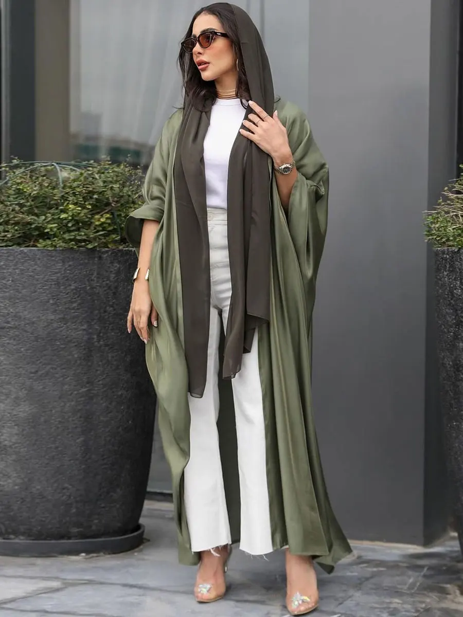 Solid Army Green Open Abaya For Muslim Woman Batwing Sleeve Elegant Casual Loose Moroccan Arab Saudi Kebaya Cardigan Fashion