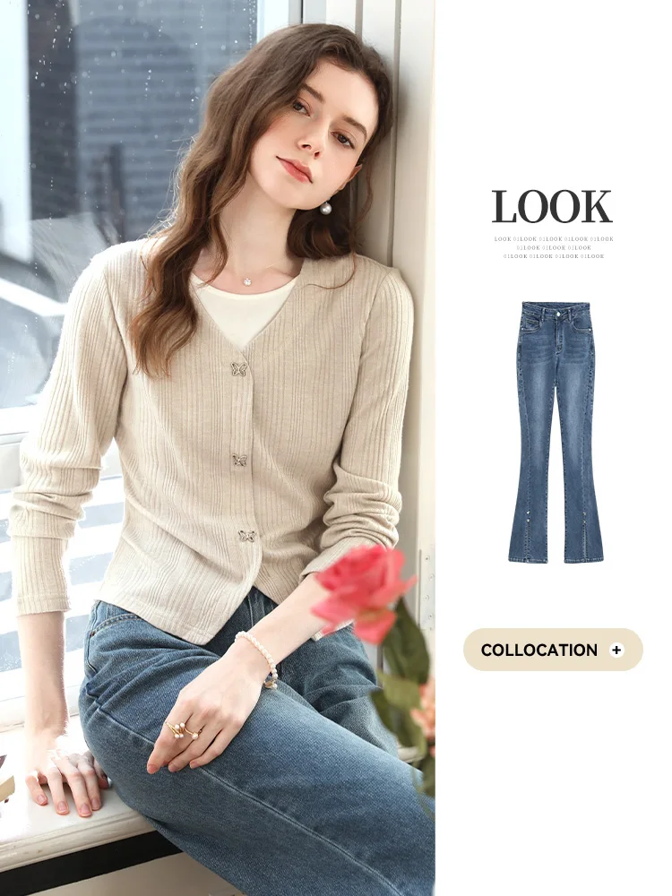 I BELIEVE YOU Women's Apricot Fake Two V-neck Knitted Tops Autumn Chic Butterfly Button Slim Top O-neck Thin Sweater 2253016122 - Image 6
