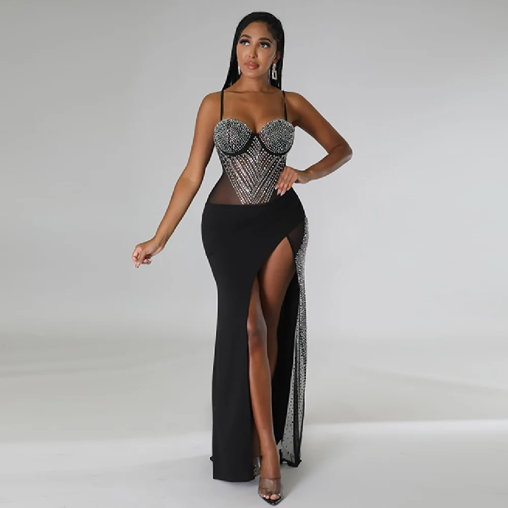 Sexy Damenkleid mit Hosenträgern, mit Diamanten besetztem Netz, unregelmäßigem Rock, Brustkissen, beliebtes Kleid, Bankettkleid
