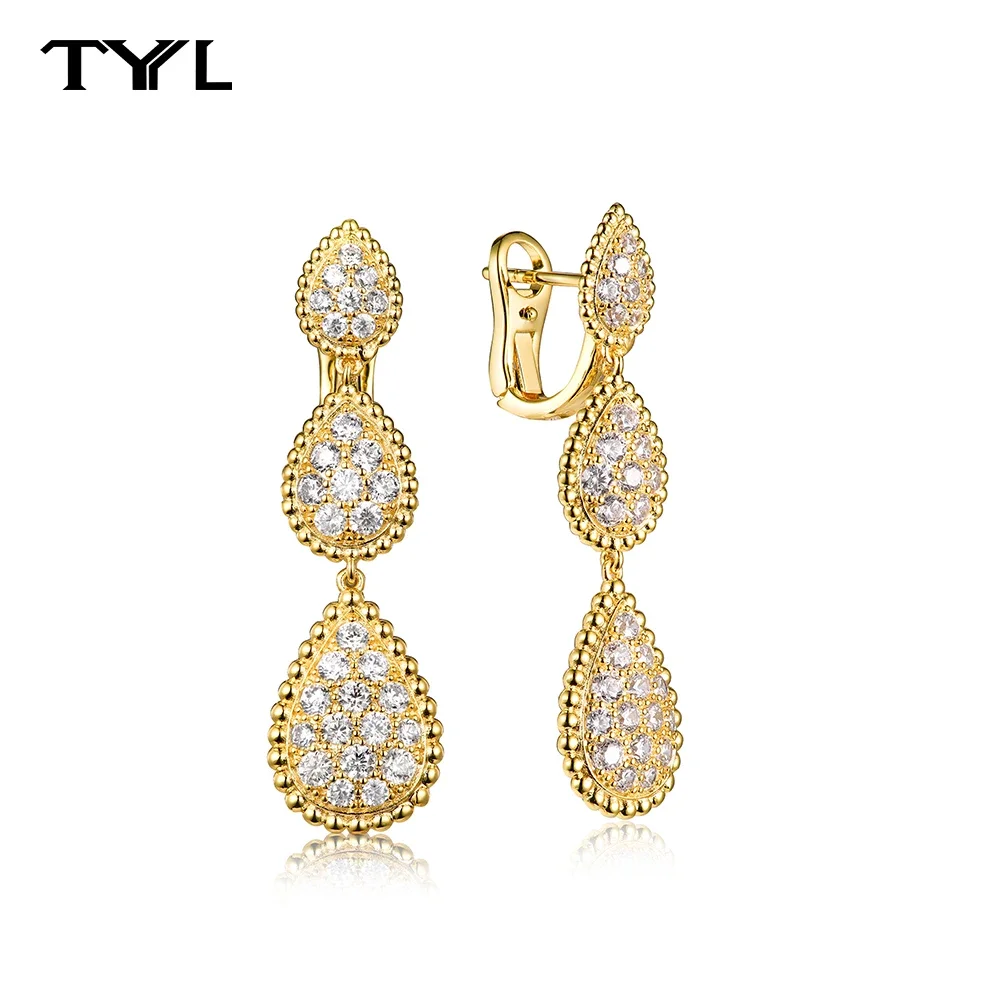 TYYL High Quality Classic 3 Water Drop Luxury Ear clip Drop Earrings Stud Party Wedding Long Earring Zircon Jewelry For Women