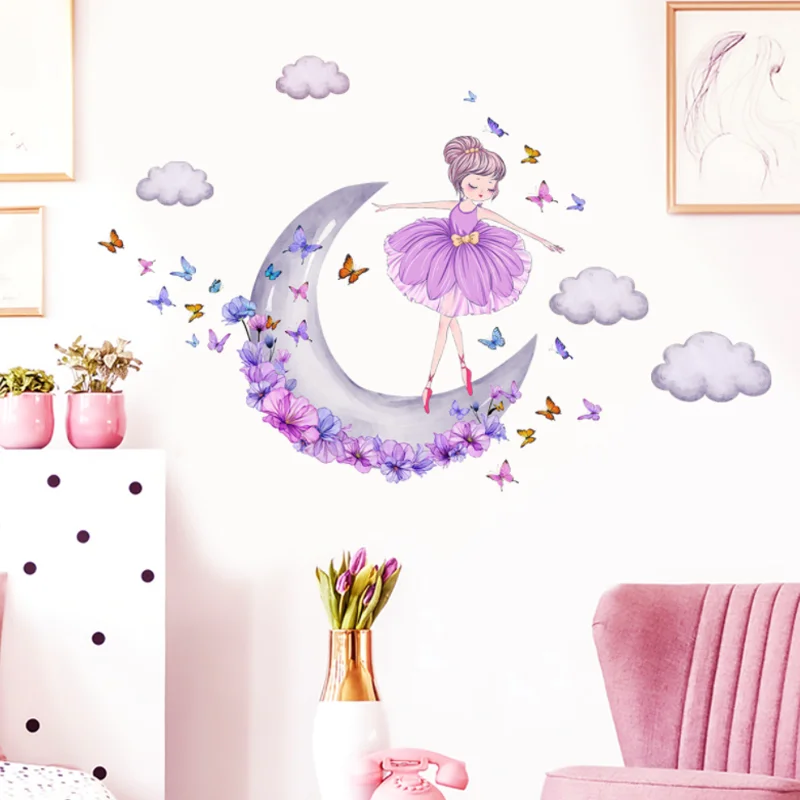 Girl Moon Cloud Butterfly Wall Sticker Children Bedroom Background Decora Kindergarten Classroom Sticker Waterproof Antifouling