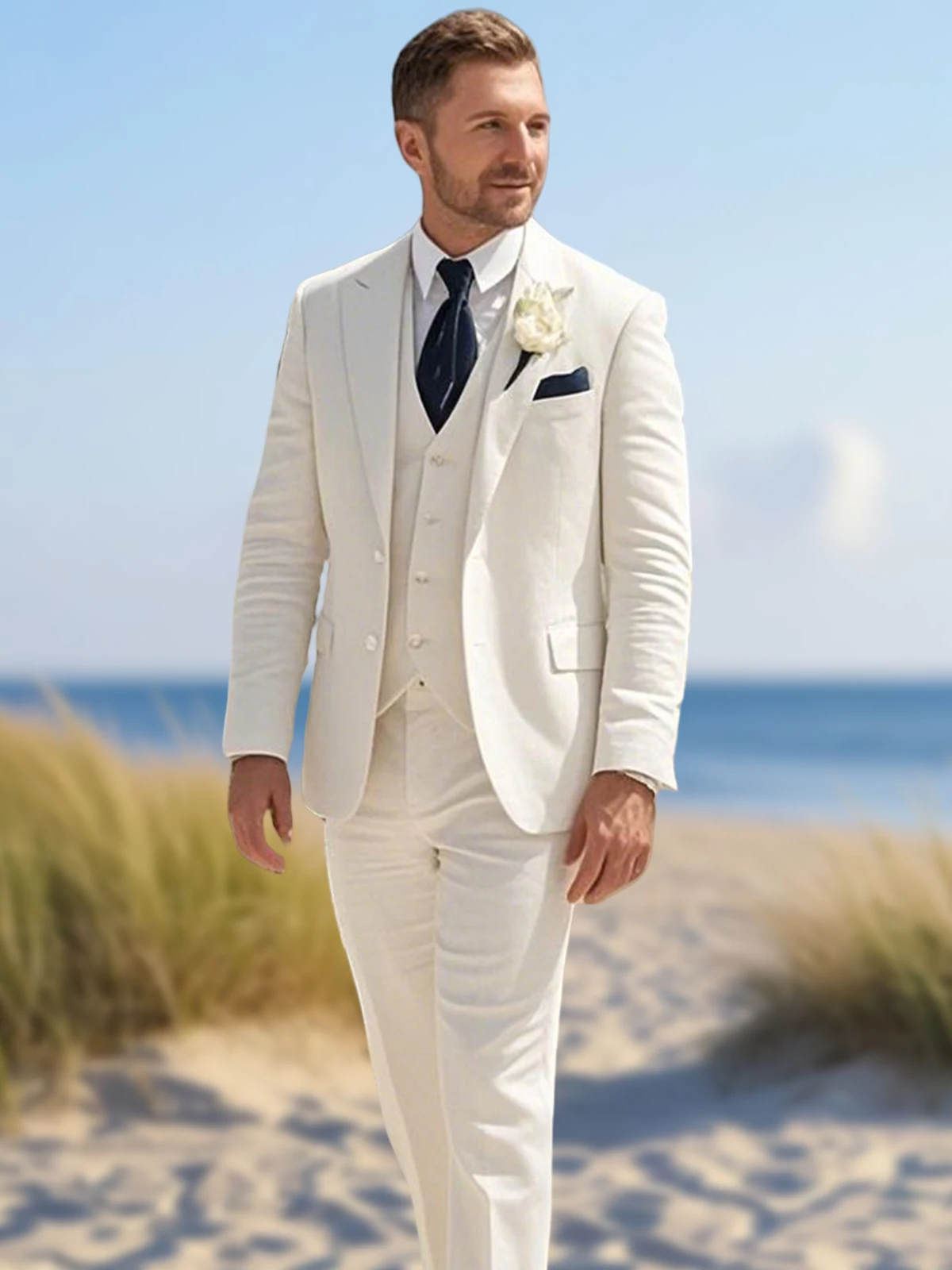 Wedding Summer Linen Suits for Men Beach Casual Slim Fit Blazer Masculino Costume Vest for Man Light Thin 3 Pièces Pour Homme