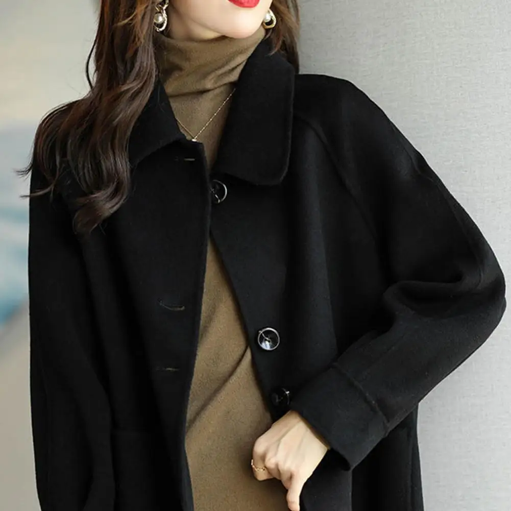 Women Winter Overcoat Turn-down Collar Pockets Pure Color Single-breasted Cardigan Loose Fit Coat Thermal Long Sleeves Commuting
