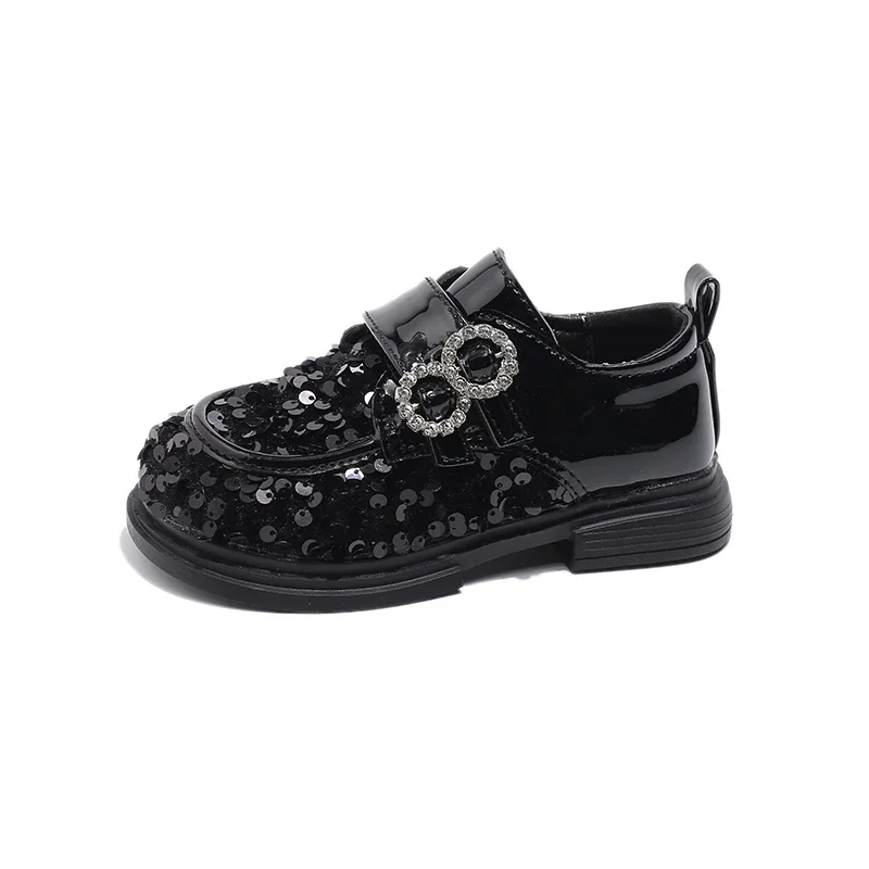 Jogerli Bling Fashion Leather Shoe For Kids Girls Sequined Black Silver Rubber Children School Dress Shoes For Party
