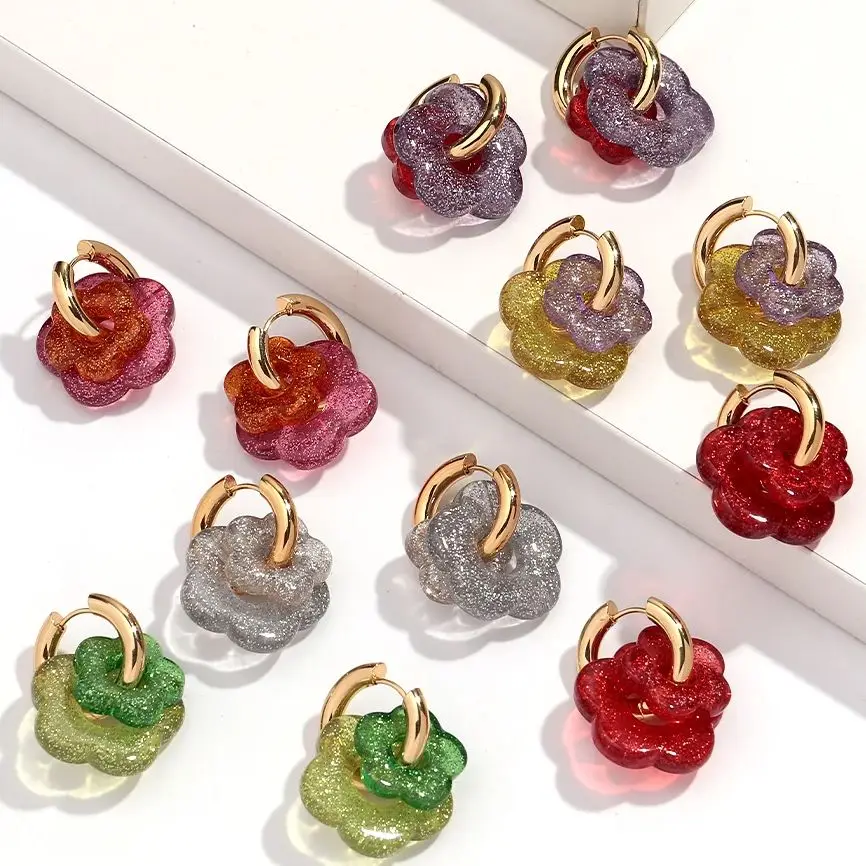 Boucles d'oreilles en acrylique pour femmes, fleurs colorées à paillettes, plaqué or, cercle en acier inoxydable, cerceaux, bijoux de déclaration, cadeau