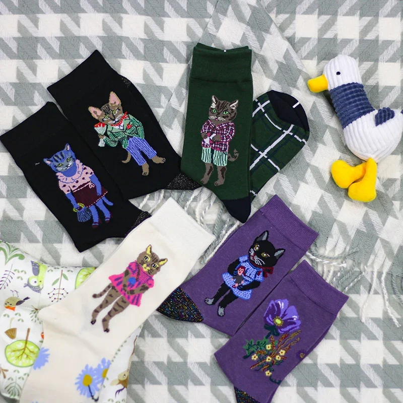 

Women Cute Animals Socks AB Style Cotton Korean Designer Socks Female Personality Middle Tube Forest Fairy Tale Novelty Stocking