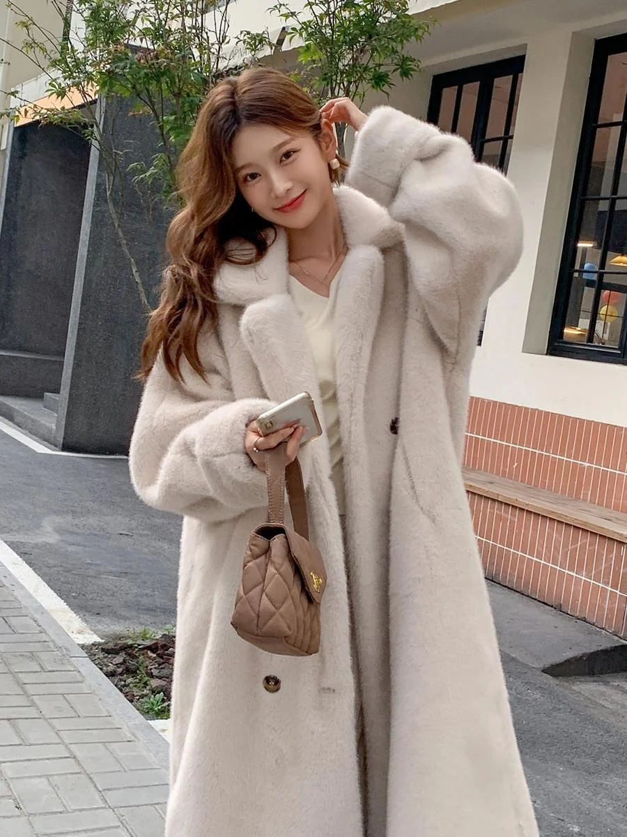 Long Length Mink Fur Coat Warm Plu Furry Outerwear Women's Double Breasted Suit Collar Fur Jaet Luxury Animal Skin Leather