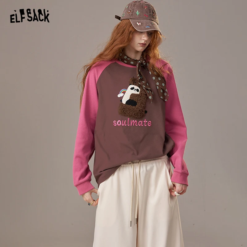 

ELFSACK 2025 Winter New Arrivals Casual Cute Cartoon Embroidery Color Block Panel Long Sleeve T Shirt For Woman
