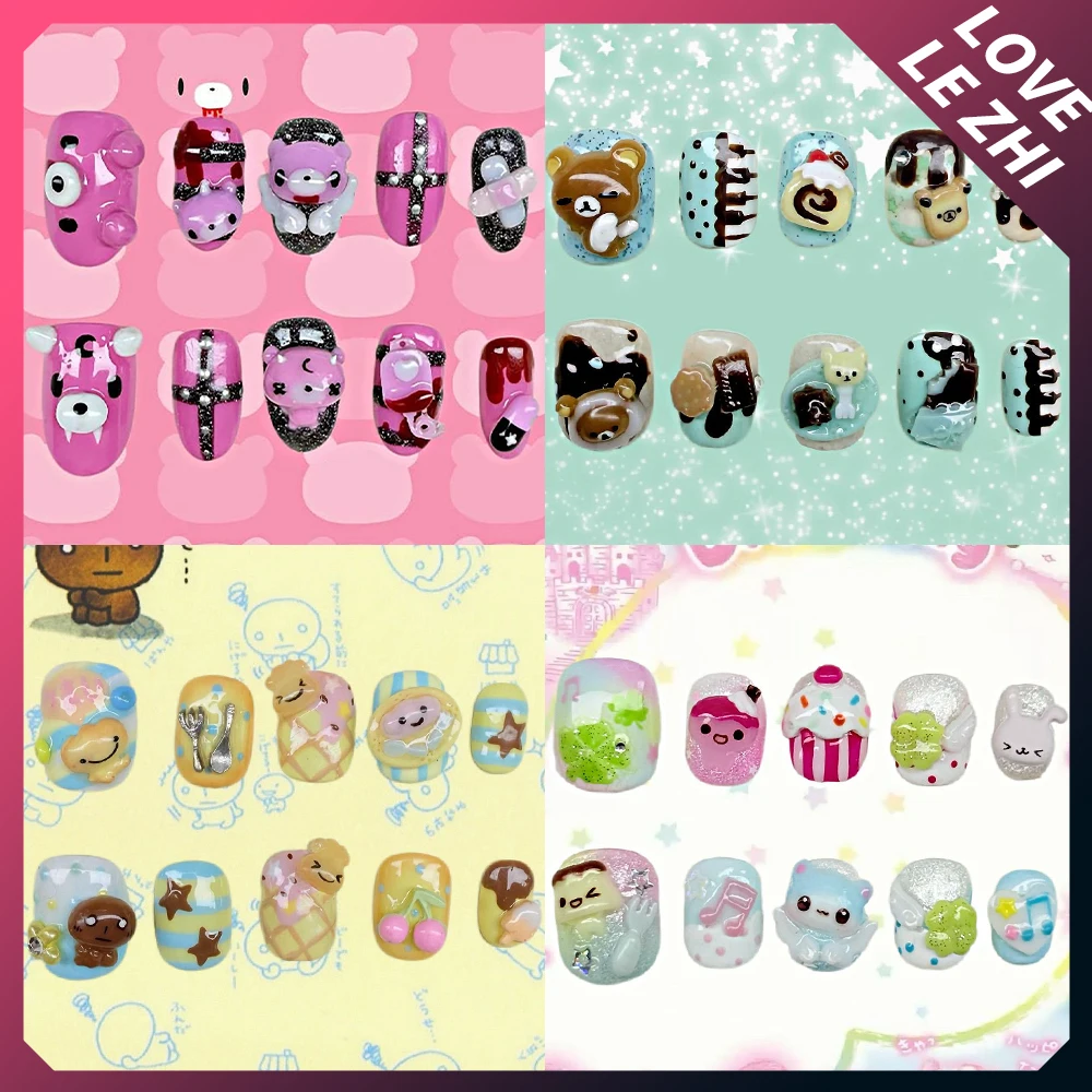 

Y2K Cartoon Rilakkuma Handmade Short Square Round Reusable False Nails Four-Leaf Clover Musical Notes Cake Wings Press On Nails