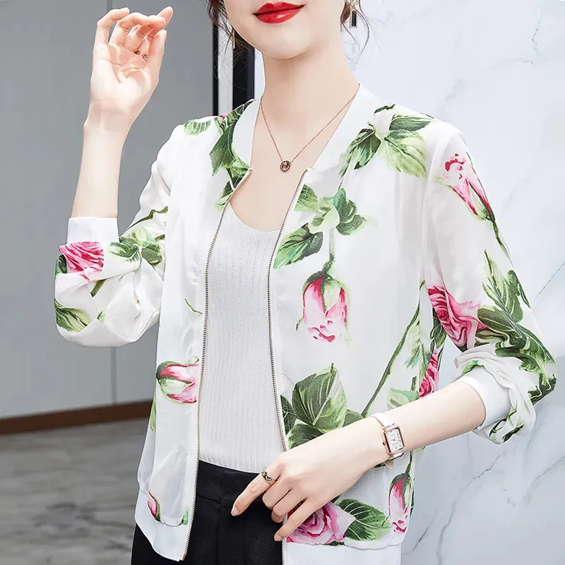 Summer Casual Mommy Style Zipper Closure Long Sleeve Chiffon Outerwear UV Protection Short Cardigan Coat for Women Elegant Co...
