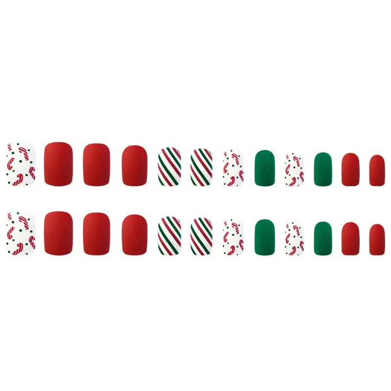 24pcs Christmas Frosted Colorful Stripes Red Green Press on Nails To Stick on False Nail Fake Nails with Design Short Medium