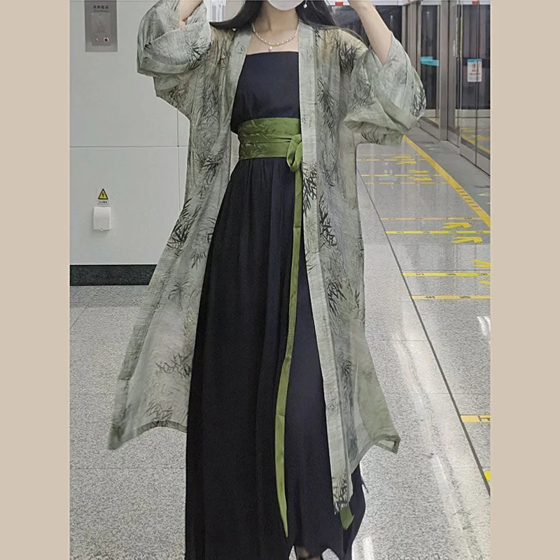 Traje de 2 piezas de estilo chino Hanfu para mujer, traje holgado de la dinastía Song, bata Kimono, monos Vintage, verde, nuevo