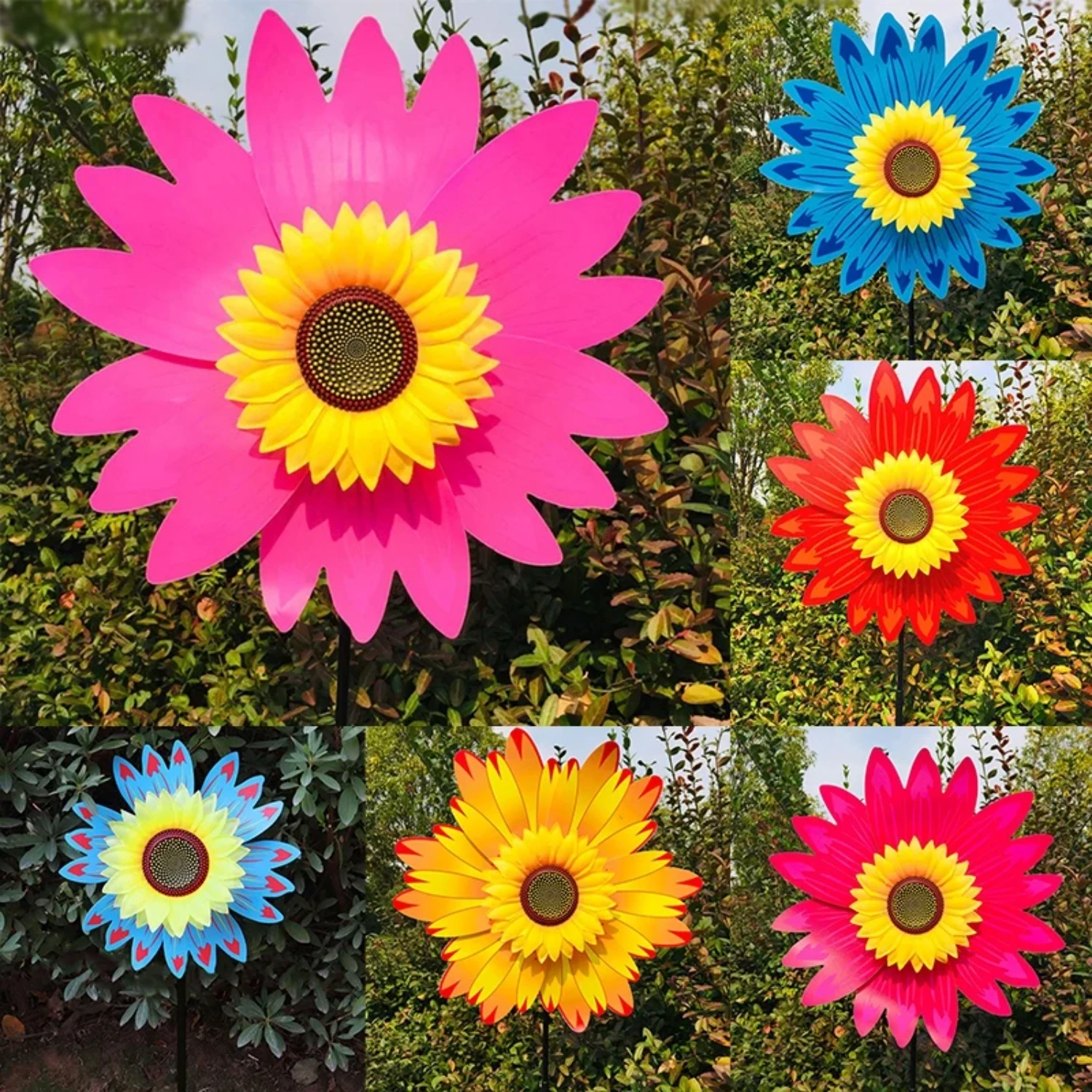 Eye-Catching Stunning Beautiful Vibrant Colors Rotating Sunflower Wind Spinner Stake Perfect for Standing Lawn Decor & Display A